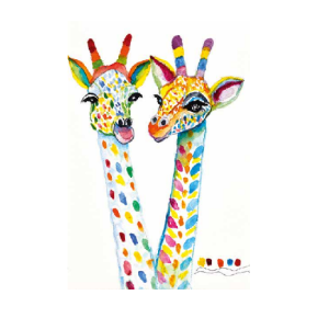 Dobbeltkort med bilde av to giraffer på karneval. Bilde.