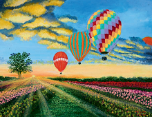 Tre luftballonger som svever over blomstereng. Bilde.