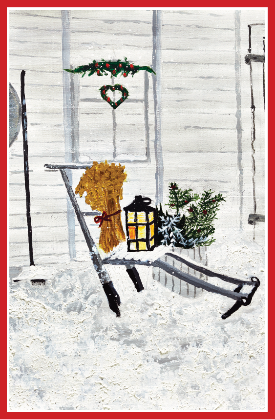 Dobbelt julekort med bilde av sparkstøtting, julenek og lys lykt. Bilde.