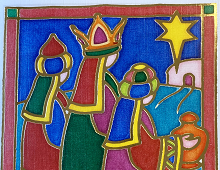 Dobbelt julekort med bilde av de hellige tre konger. Bilde.