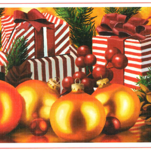 Dobbeltkort med motiv av julekuler og julegaver. Bilde