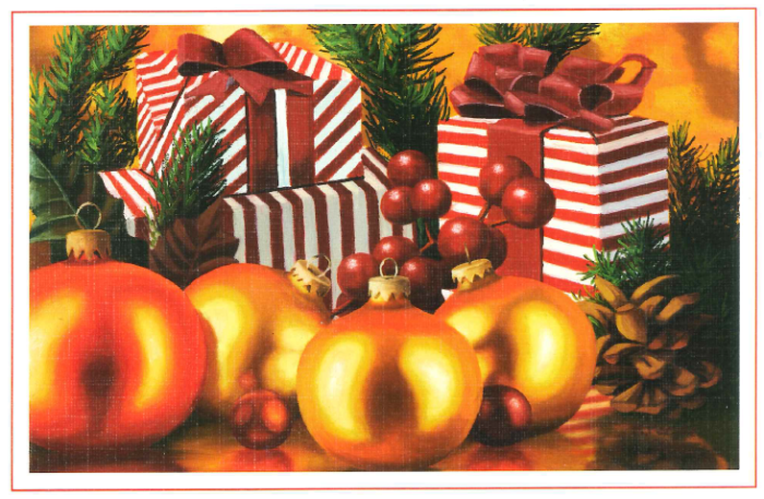 Dobbeltkort med motiv av julekuler og julegaver. Bilde
