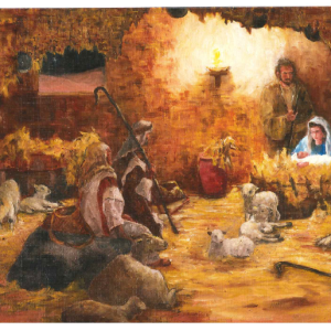 Dobbeltkort med bilde av Maria og Jesusbarnet i stallen. Bilde