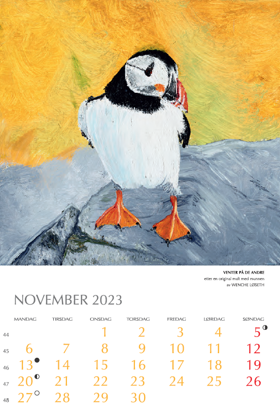 November månded med bilde av lundefugl. Bilde
