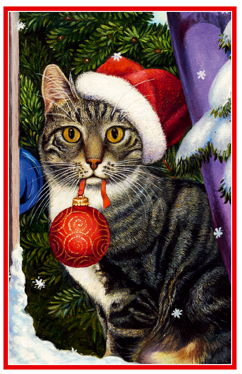 Stripete katt med rød julekule og nisselue. Bilde.