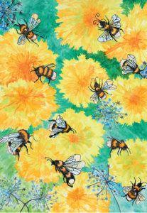 Nydelig postkort med blomster og bier. Bilde