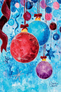 Dobbelt julekort med jule kuler. Etter en original malt med munnen av Daniela Caburro. Bilde.
