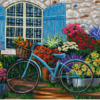 1000 biters puslespill med nydelig motiv av sykkel inntil et bygg med blomster. Bilde.