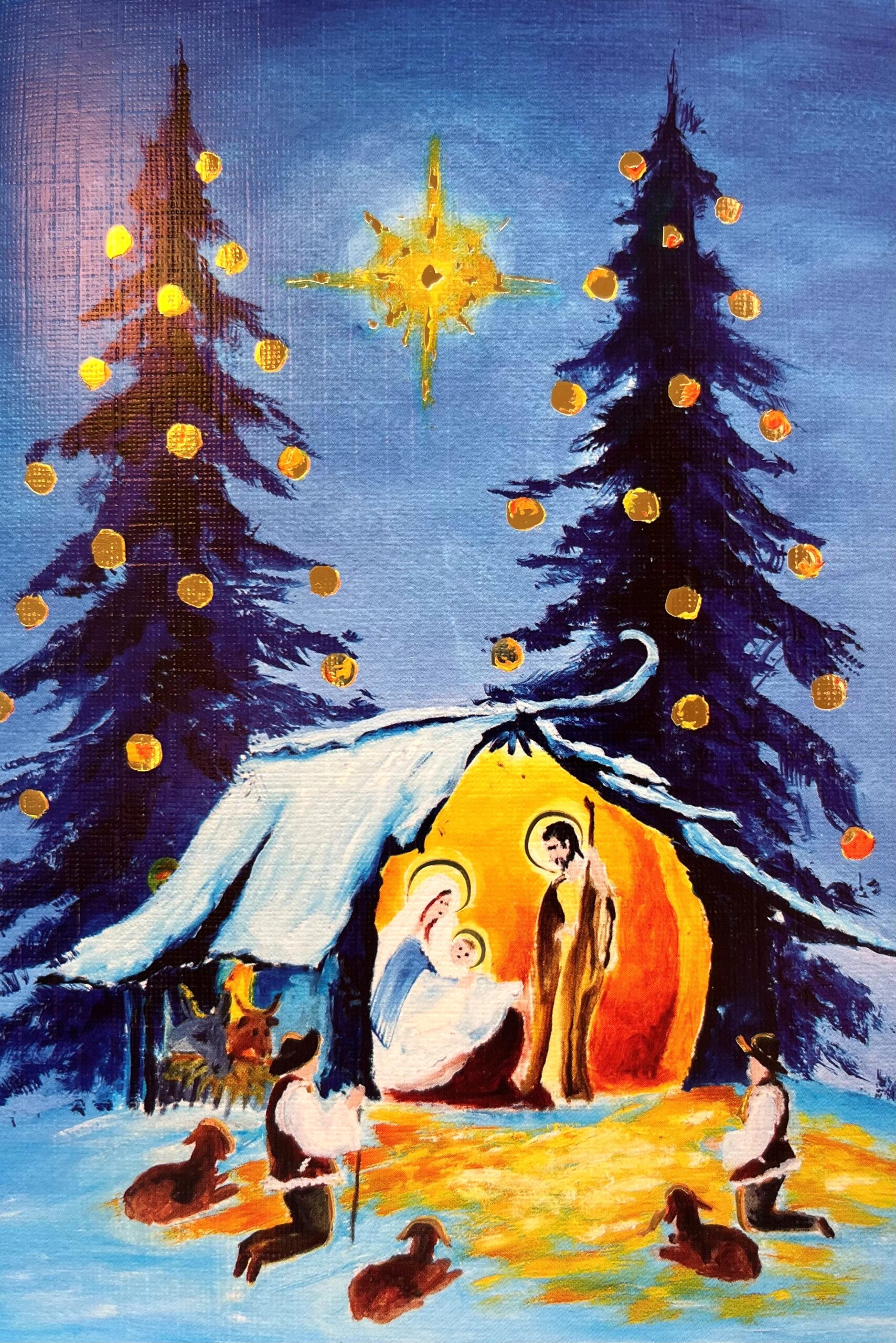 Dobbelt julekort med motiv av Maria, Josef og Jesusbarnet. Bilde.